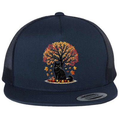 Fall Leaves Hello Autumn Cat Tree Thanksgiving Flat Bill Trucker Hat