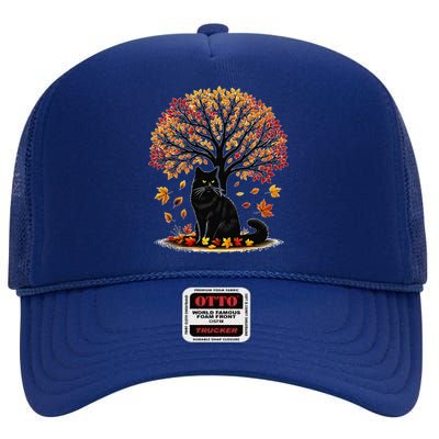 Fall Leaves Hello Autumn Cat Tree Thanksgiving High Crown Mesh Back Trucker Hat