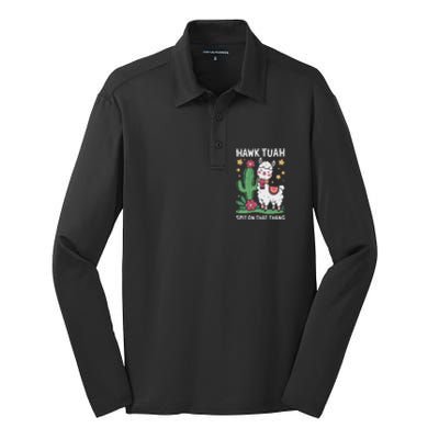 Funny Llama Hawk Tush Spit On That Thing Presidential Parody Silk Touch Performance Long Sleeve Polo