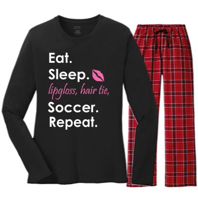 Funny Lipgloss, Hair Tie, Eat, Sleep and Soccer Women's Long Sleeve Flannel Pajama Set 