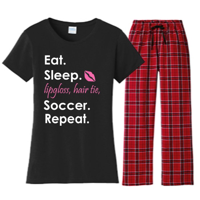 Funny Lipgloss, Hair Tie, Eat, Sleep and Soccer Women's Flannel Pajama Set