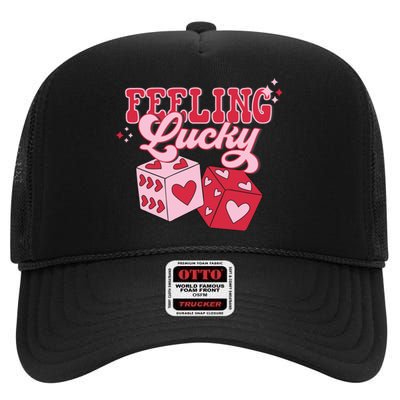 Feeling Lucky Hearts Dice Graphic High Crown Mesh Back Trucker Hat