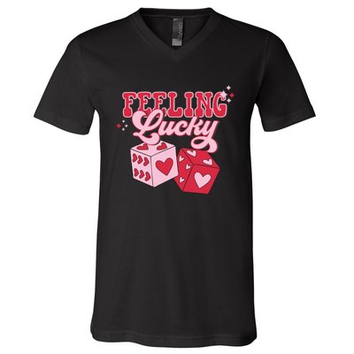 Feeling Lucky Hearts Dice Graphic V-Neck T-Shirt