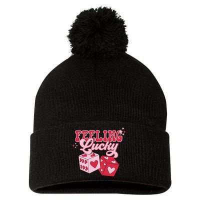 Feeling Lucky Hearts Dice Graphic Pom Pom 12in Knit Beanie