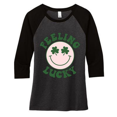 Feeling Lucky Irish Clover Happy Face Women's Tri-Blend 3/4-Sleeve Raglan Shirt