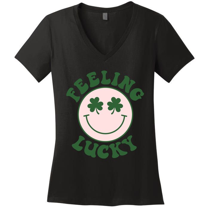 Feeling Lucky Irish Clover Happy Face Women's V-Neck T-Shirt