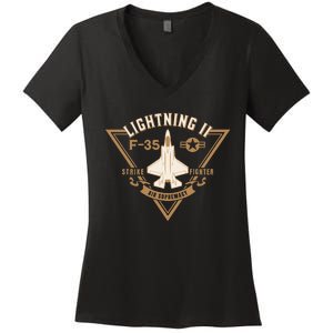 F35 Lightning II Jet Fighter Military Aircraft Design Women's V-Neck T-Shirt