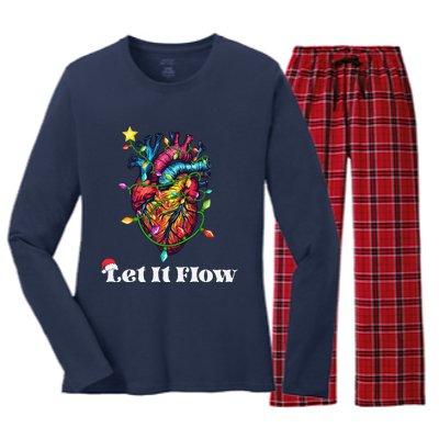 Funny Let It Flow Anatomy Heart Cardiac Nurse Santa Hat Xmas Women's Long Sleeve Flannel Pajama Set 