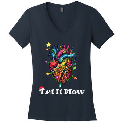 Funny Let It Flow Anatomy Heart Cardiac Nurse Santa Hat Xmas Women's V-Neck T-Shirt