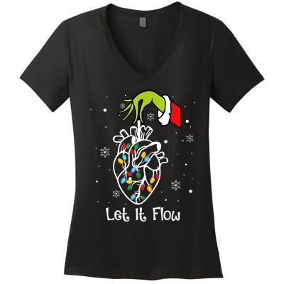 Funny Let It Flow Anatomy Heart Cardiac Nurse Santa Hat Xmas Women's V-Neck T-Shirt