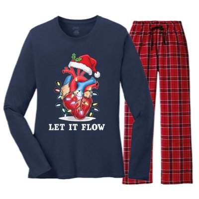 Funny Let It Flow Anatomy Heart Cardiac Nurse Santa Hat Xmas Women's Long Sleeve Flannel Pajama Set 