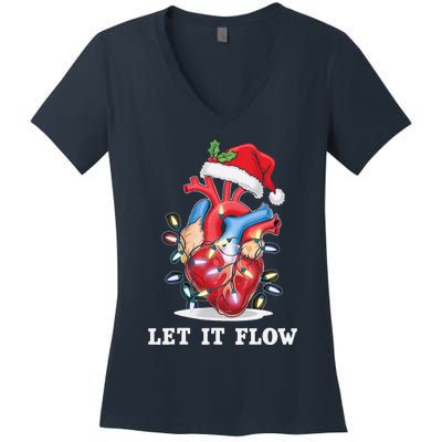 Funny Let It Flow Anatomy Heart Cardiac Nurse Santa Hat Xmas Women's V-Neck T-Shirt