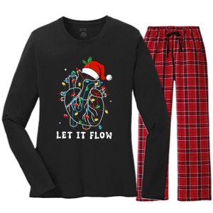 Funny Let It Flow Anatomy Heart Cardiac Nurse Santa Hat Xmas Women's Long Sleeve Flannel Pajama Set 