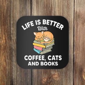 Funny Life Is Better With Coffee Cats & Books Coaster