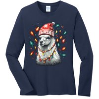 Festive Llama In Christmas Attire Ladies Long Sleeve Shirt