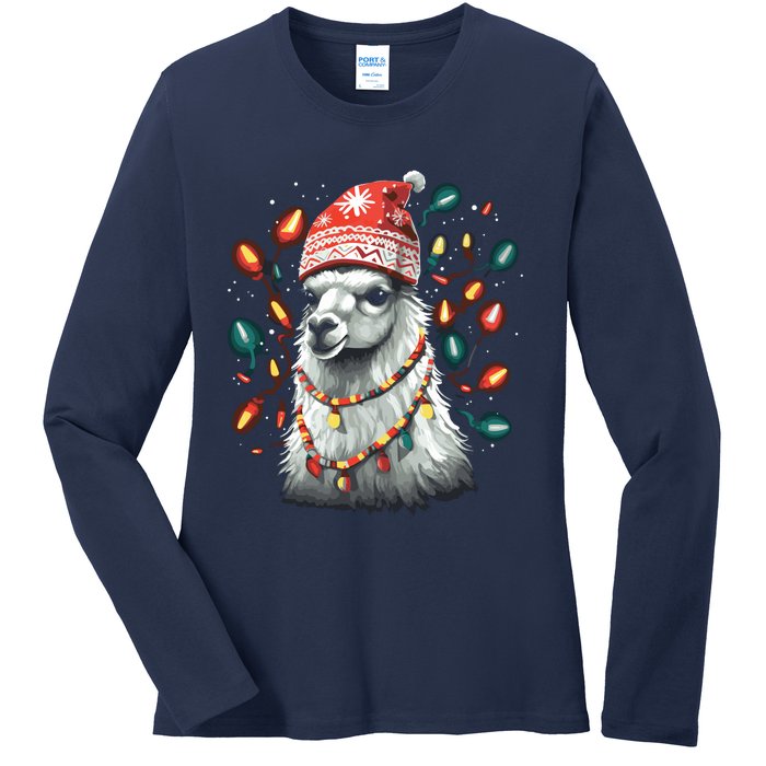 Festive Llama In Christmas Attire Ladies Long Sleeve Shirt