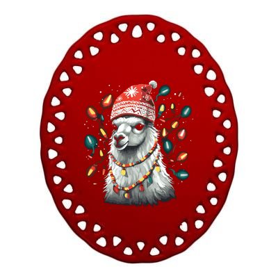 Festive Llama In Christmas Attire Ceramic Oval Ornament