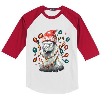 Festive Llama In Christmas Attire Kids Colorblock Raglan Jersey