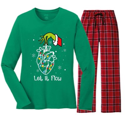 Funny Let It Flow Anatomy Heart Cardiac Nurse Santa Hat Xmas Women's Long Sleeve Flannel Pajama Set 