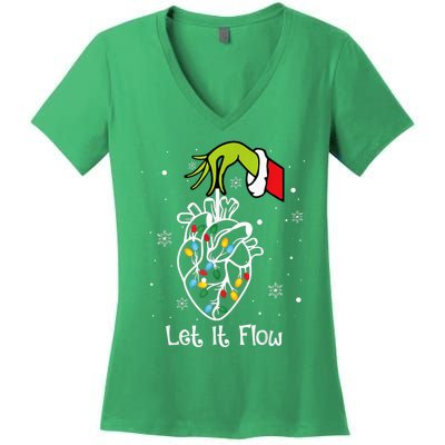 Funny Let It Flow Anatomy Heart Cardiac Nurse Santa Hat Xmas Women's V-Neck T-Shirt