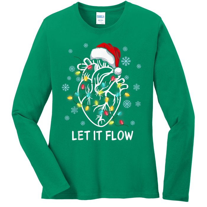 Funny Let It Flow Anatomy Heart Cardiac Nurse Santa Hat Xmas Ladies Long Sleeve Shirt