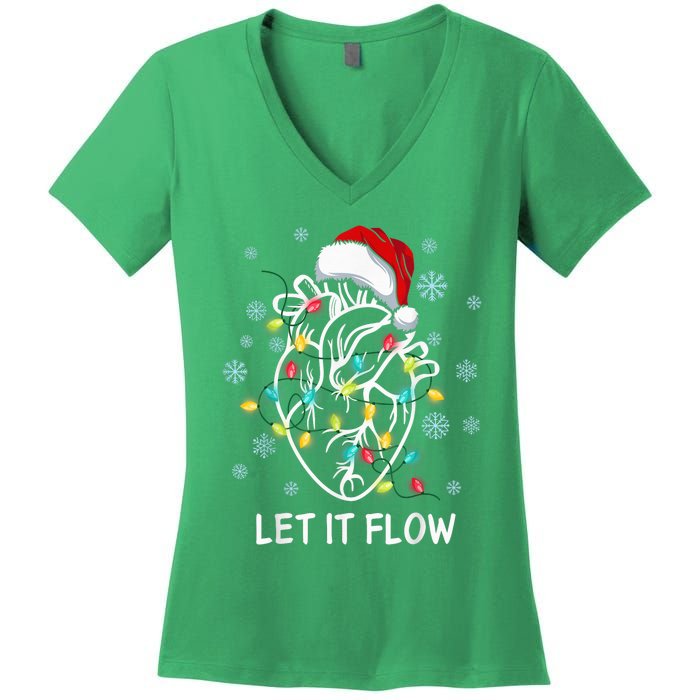 Funny Let It Flow Anatomy Heart Cardiac Nurse Santa Hat Xmas Women's V-Neck T-Shirt