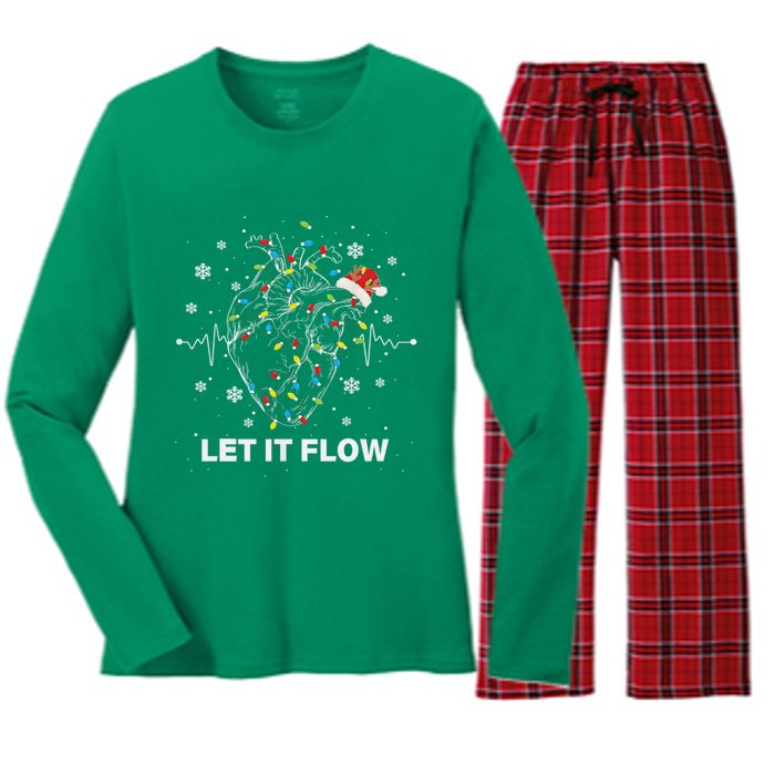 Funny Let It Flow Anatomy Heart Cardiac Nurse Santa Hat Xmas Women's Long Sleeve Flannel Pajama Set 