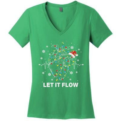 Funny Let It Flow Anatomy Heart Cardiac Nurse Santa Hat Xmas Women's V-Neck T-Shirt