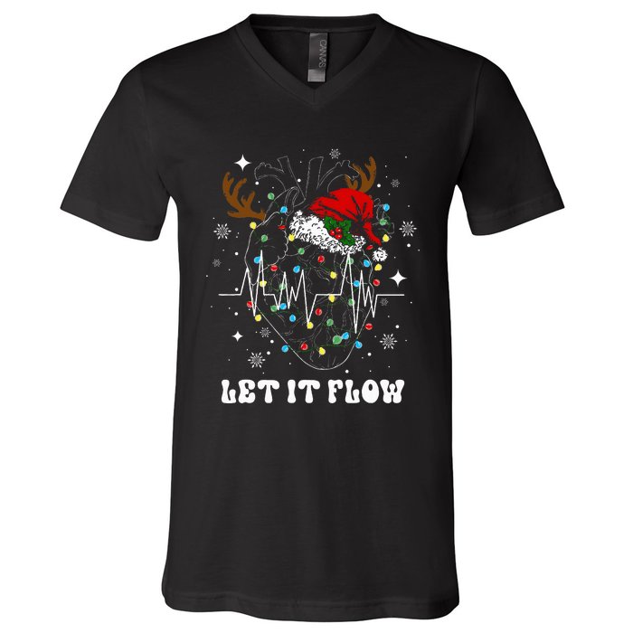 Funny Let It Flow Anatomy Heart Cardiac Nurse Santa Hat Xmas V-Neck T-Shirt