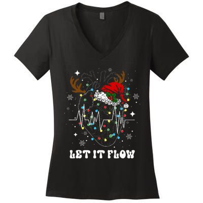 Funny Let It Flow Anatomy Heart Cardiac Nurse Santa Hat Xmas Women's V-Neck T-Shirt