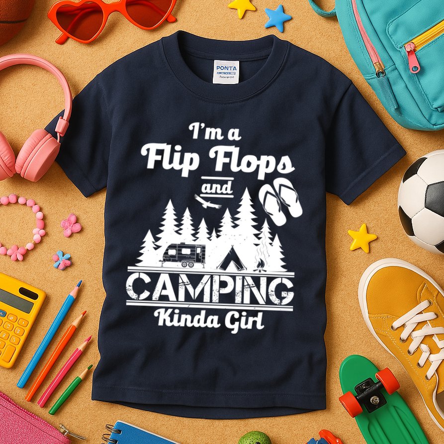 Flip Flops and Camping Kinda Girl Kids T-Shirt
