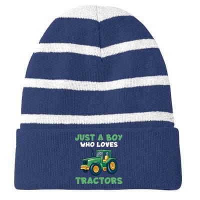 Farm Lifestyle Just A Boy Who Loves Tractors Striped Beanie with Solid Band