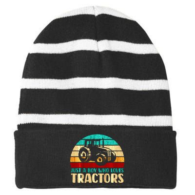 Farm Lifestyle Just A Boy Who Loves Tractors Striped Beanie with Solid Band