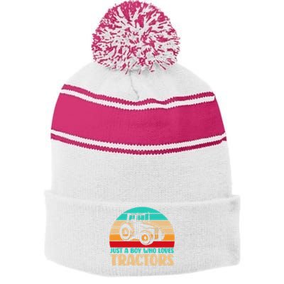 Farm Lifestyle Just A Boy Who Loves Tractors Stripe Pom Pom Beanie