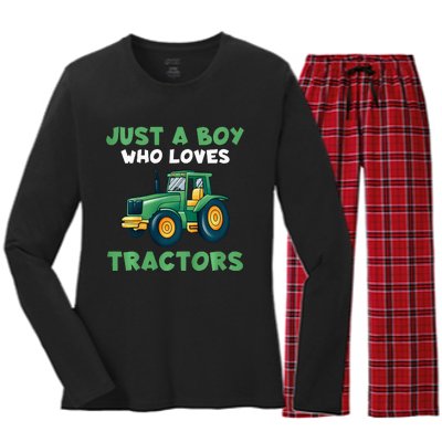 Farm Lifestyle Just A Boy Who Loves Tractors Women's Long Sleeve Flannel Pajama Set 