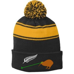 Funny Laser Kiwi Flag New Zealand Popular Choice Stripe Pom Pom Beanie