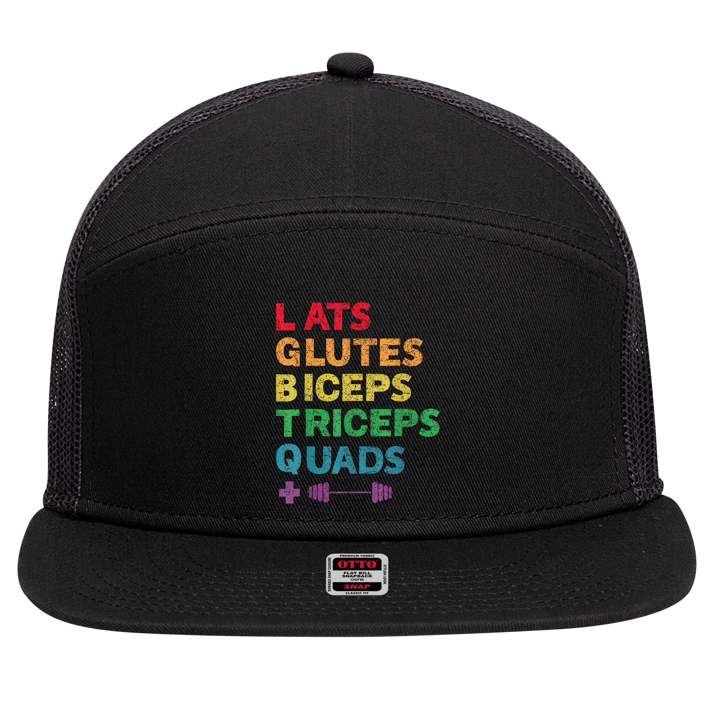 Funny Lgbtq Lats Glutes Biceps Triceps Quads Weightlifting 7 Panel Mesh Trucker Snapback Hat