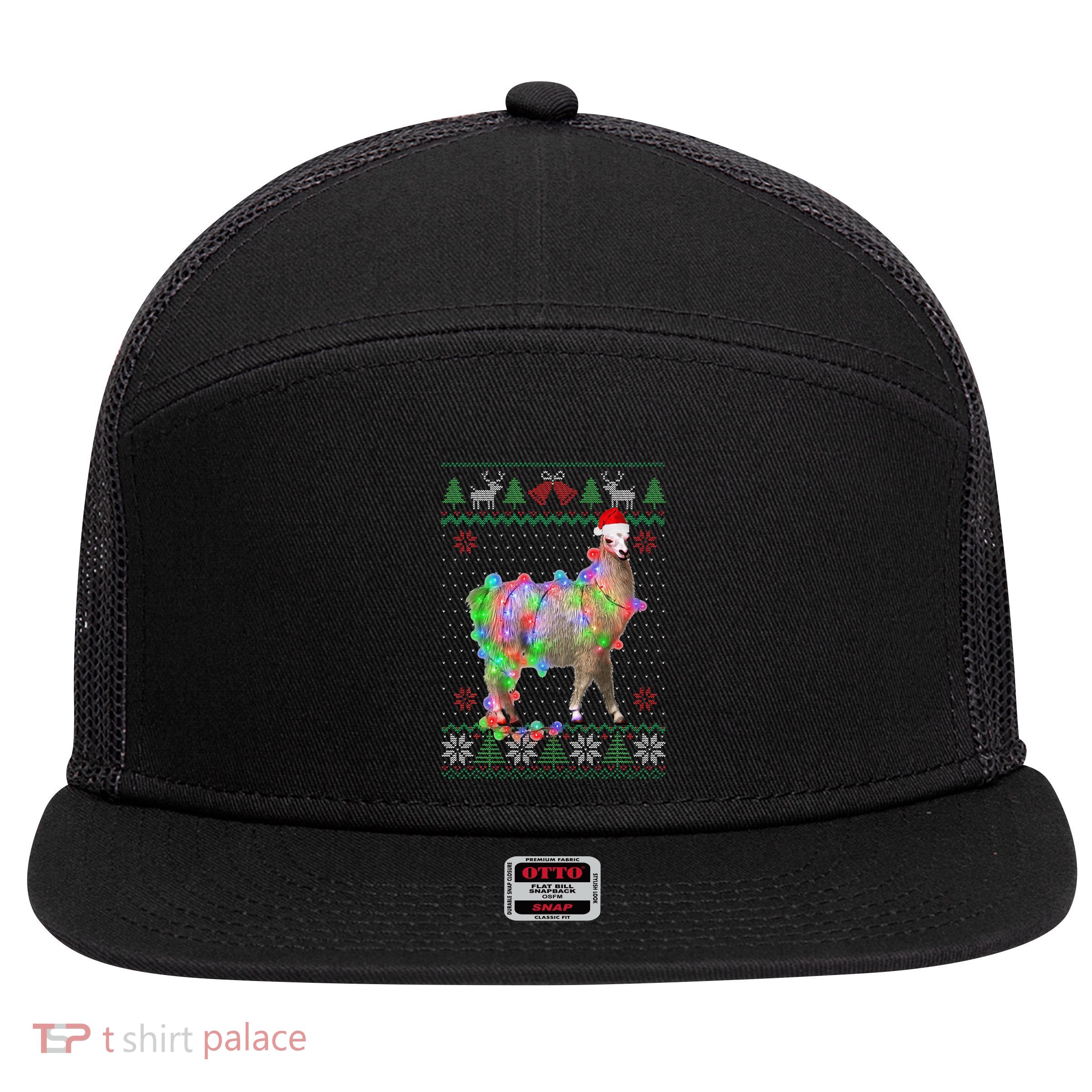 Funny Llama Lights Tangled Ugly Sweater Christmas Animals  7 Panel Mesh Trucker Snapback Hat