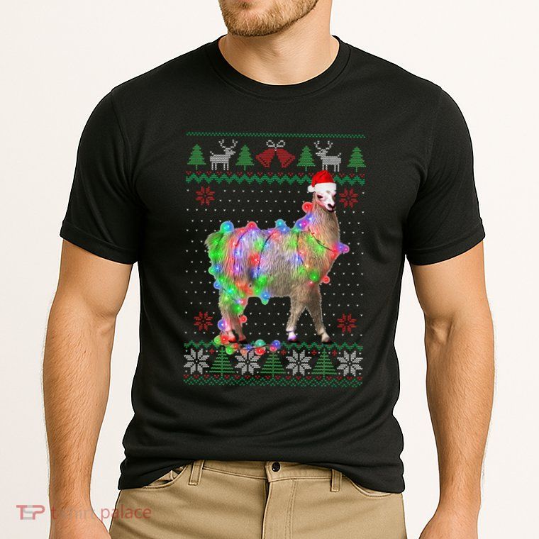 Funny Llama Lights Tangled Ugly Sweater Christmas Animals  Performance Shirt