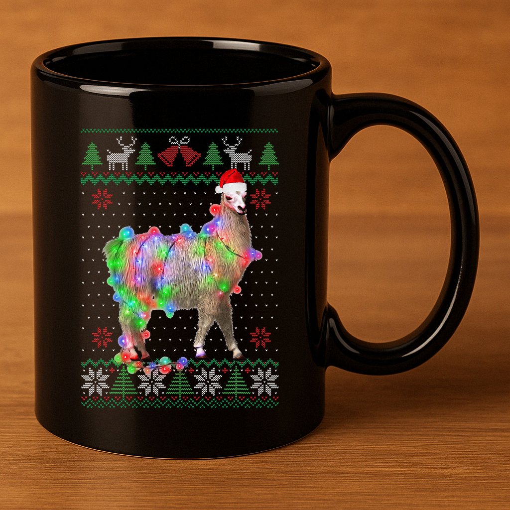 Funny Llama Lights Tangled Ugly Sweater Christmas Animals  11oz C Handle Ceramic Mug
