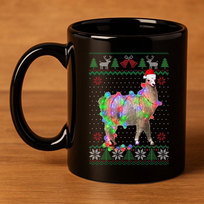 Funny Llama Lights Tangled Ugly Sweater Christmas Animals  11oz C Handle Ceramic Mug