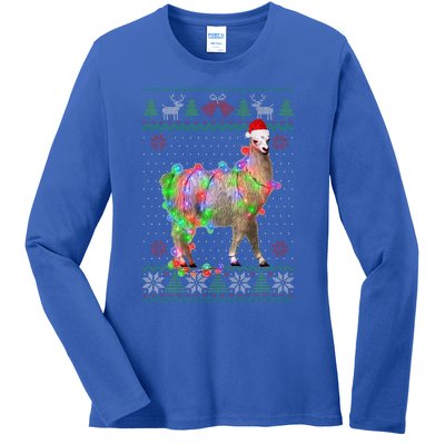 Funny Llama Lights Tangled Ugly Sweater Christmas Animals  Ladies Long Sleeve Shirt