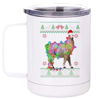 Funny Llama Lights Tangled Ugly Sweater Christmas Animals  12 oz Stainless Steel Tumbler Cup