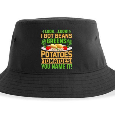 Funny Look Look I Got Beans Greens Potatoes Tomatoes You Name It Sustainable Bucket Hat