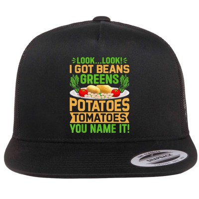 Funny Look Look I Got Beans Greens Potatoes Tomatoes You Name It Flatbill Hat