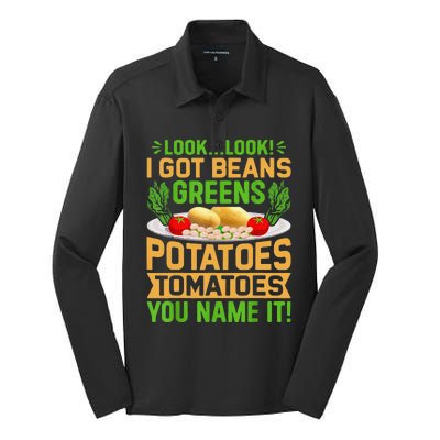 Funny Look Look I Got Beans Greens Potatoes Tomatoes You Name It Silk Touch Performance Long Sleeve Polo