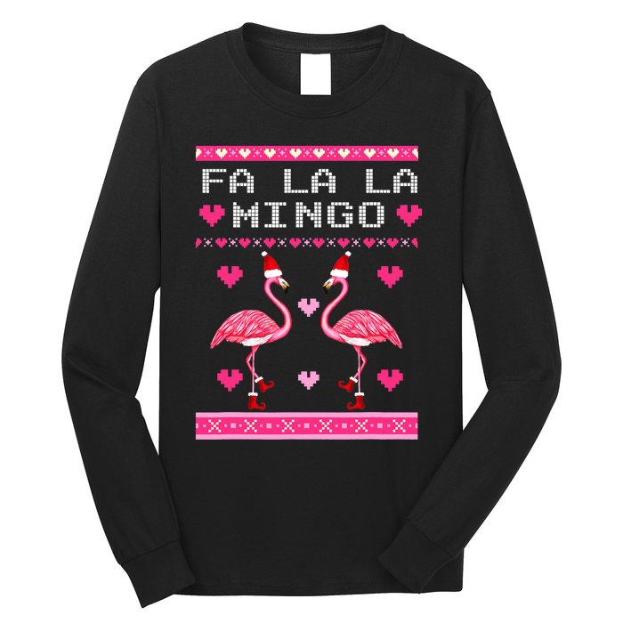 Fa la la Mingo Cute Pink Flamingo Santa Hat Merry Christmas Long Sleeve Shirt