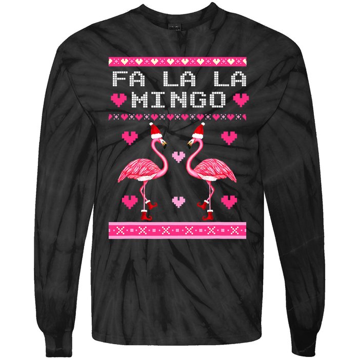 Fa la la Mingo Cute Pink Flamingo Santa Hat Merry Christmas Tie-Dye Long Sleeve Shirt