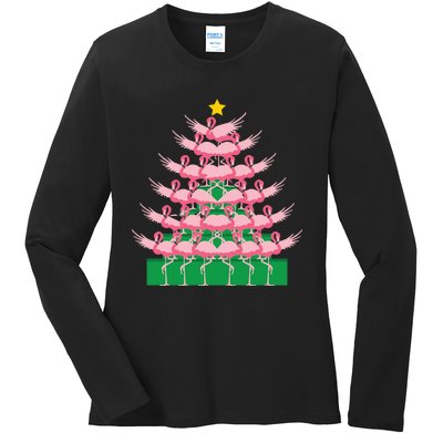 Fa La La Mingo Pink Flamingo Christmas Tree Lights Chain Ladies Long Sleeve Shirt