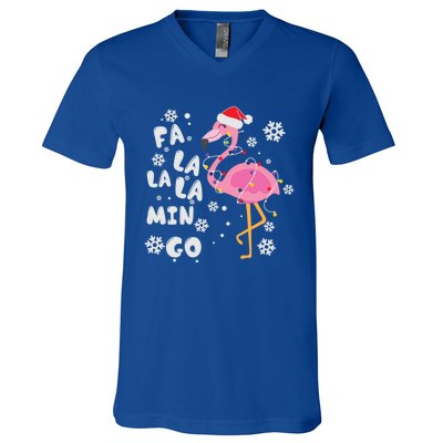 Fa La La La Mingo Christmas Day Pink Flamingo Merry Xmas Gift V-Neck T-Shirt